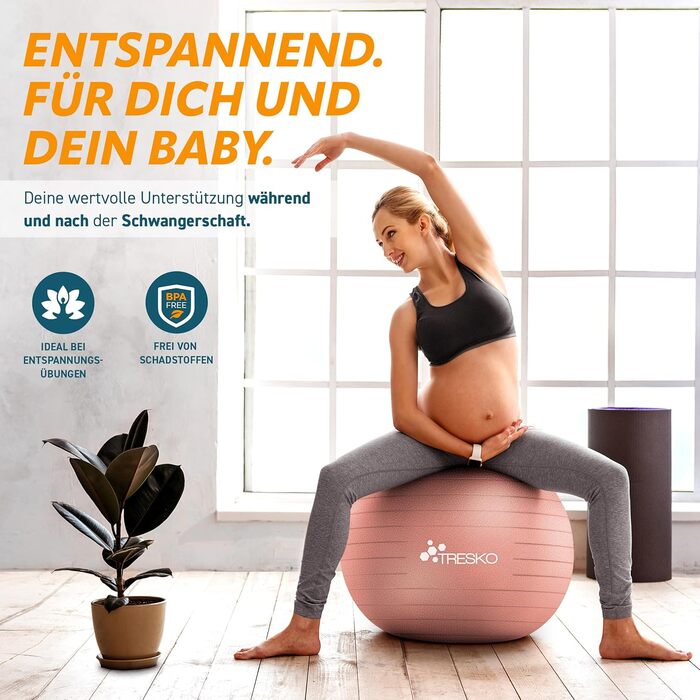 Гімнастичний м'яч TRESKO 75 см, BPA-free, з насосом, для фітнесу, йоги, пілатесу, вагітних, антивибуховий, до 300 кг, коралово-рожевий (для зросту 175-185 см)