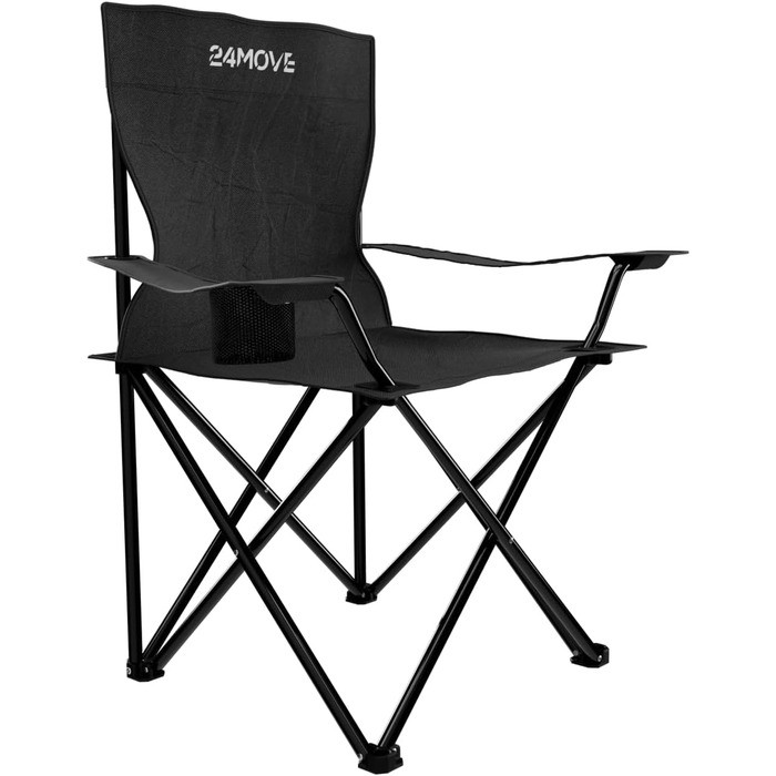 Складний стілець 24MOVE® для риболовлі та відпочинку на природі: чорний складаний стілець з підстаканником, для кемпінгу, саду та дому, поліестер
