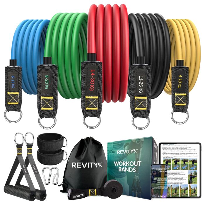 Стрічки для силових тренувань Widerstandsbänder 5 шт. - Набір еластичних стрічок з ручками для тренувань всього тіла з планом тренувань PDF - Натуральний латекс, довговічні, універсальні фітнес-стрічки для жінок та чоловіків