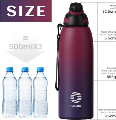 Fjbottle термос-пляшка з нержавіючої сталі для спорту та дітей, з магнітною кришкою, 400/600/800/1000/1500 мл, без BPA, герметична, підходить для газованої води, для школи та фітнесу