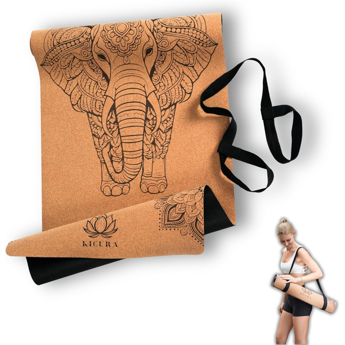 Йога-мат Kicura з корку та натурального каучуку з дизайном слона – неслизька преміум-мат, 4 мм, з ремінком – екологічна, 3 розміри (M, L, XL) (M - 173x61x0,4 см)
