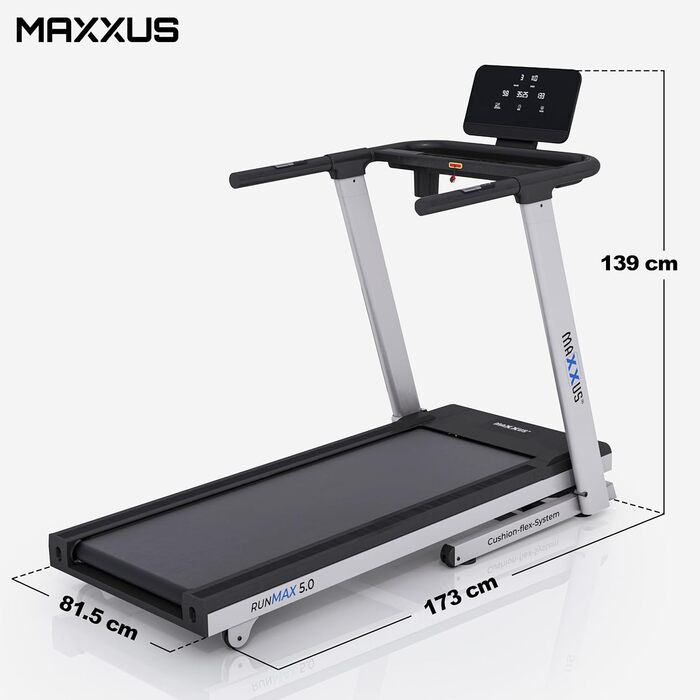 Бігова доріжка MAXXUS RunMaxx 5.0, електрична, 5 к.с., до 18 км/год, 36 програм, 16 рівнів нахилу, LCD-дисплей, зона бігу 140x49 см, пульсометр, тримач для планшета, складана, для дому