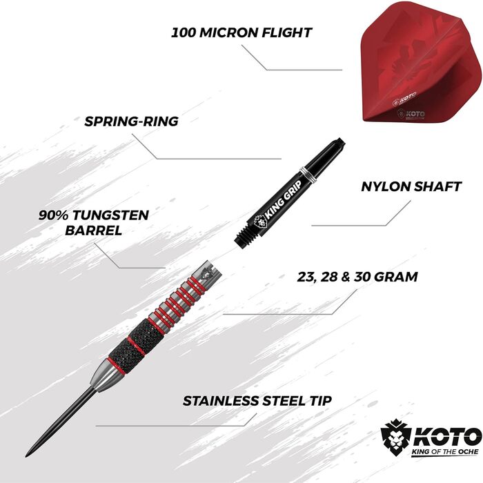 Професійний набір дротиків KOTO Kingbomb 30 г, чорний і червоний, 3 стальні дротики, набори KOTO Flights та Shafts, чохол, міцний рифлений грип