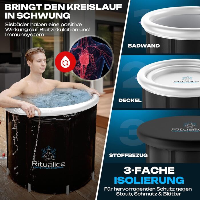 Ritualice® Преміум Ванна для льоду (80 см Ø) XL Комплект - Переможець тесту - Комплект льодової бочки з кришкою, тканиною та XL сумкою - Ідеальна ванна для льоду для криотерапії та відновлення - Ізольована льодова бочка з 5-шаровою ізоляцією, біла з XL су