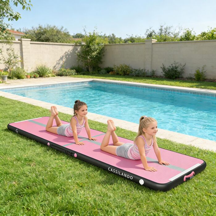 Гимнастичний надувний мат Airtrack CASSILANDO для тамблінгу та йоги, матовий, 400 x 100 x 10 см (Рожевий/Чорний) з насосом