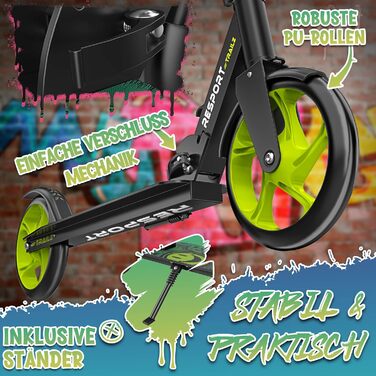 Дитячий та дорослий трюковий самокат Cityroller з дзвіночком та ременем | Висота регулюється, складається, до 100 кг | Великі колеса, чорний/зелений