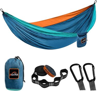 Гамак Anortrek Outdoor для відпочинку на природі, 280x140 см, 249 кг, з ременями для дерев, дихаючий нейлон, для кемпінгу, подорожей, відпочинку в саду (Blue/ Dark Blue/ Orange)