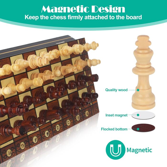 Набір для гри в шахи дерев'яний магнітний 3-в-1, 29 x 29 см. Ідеально для дітей, друзів та сім'ї
