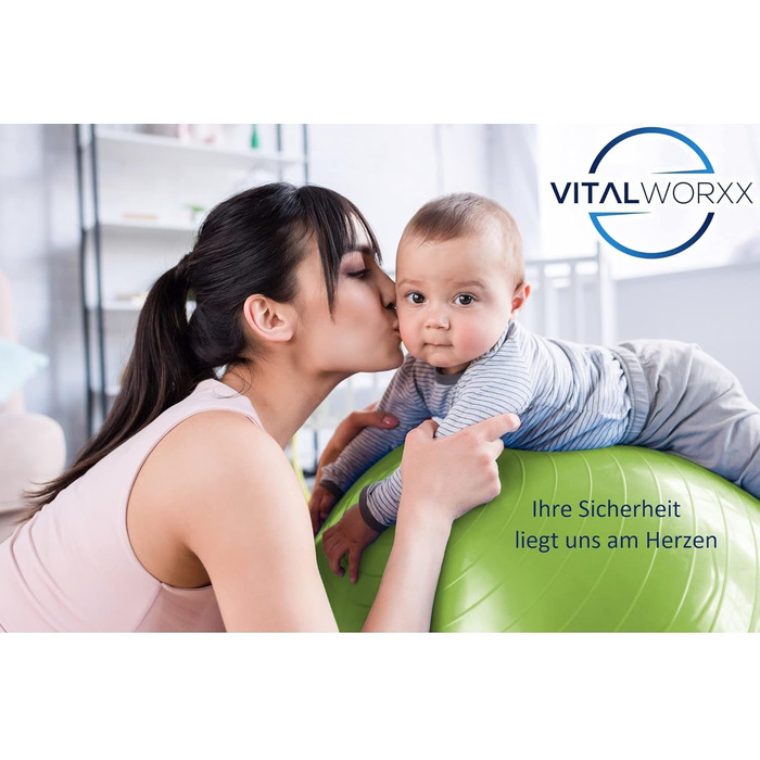 Гімнастичний м'яч VITALWORXX для вагітних 75 см, зелений, надзвичайно міцний, з насосом та вправами для вагітності, пологів і здоров'я, фітнес-йога-пеззібол