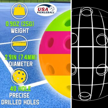 Піклбол м'ячі Outdoor, 40 отворів, 12 шт. - для спортивних ігор, висока пружність, довговічні, сумісні з усіма ракетками