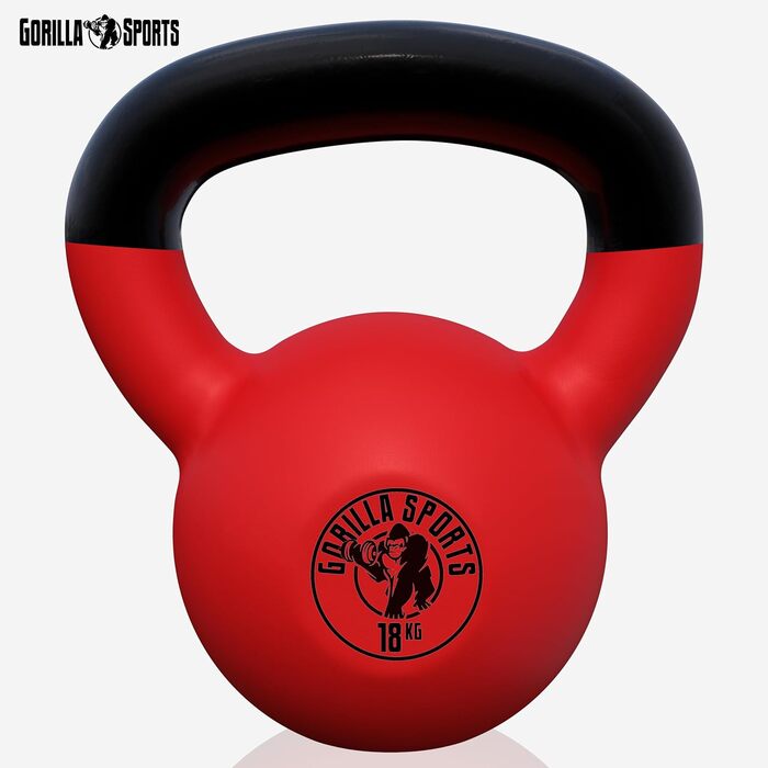 Кетлбел GORILLA SPORTS 18 кг, чавунний з вініловим покриттям, гиря для фітнесу та силових тренувань