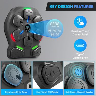 Музична боксерська машина ZAKVOP з 8 цілями, Bluetooth, 10 швидкостей, 9 режимів, LED, акумулятор 4000mAh, рукавички