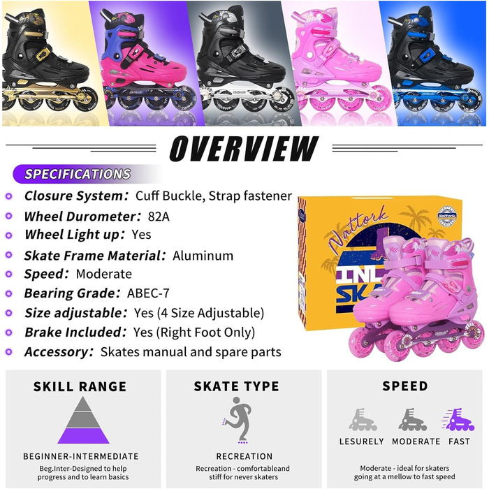 Інлайне ролики Nattork для дітей та дорослих, регульовані, рожеві, розмір 32-36
