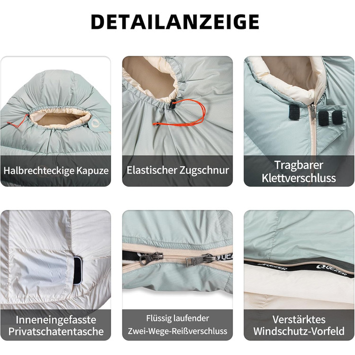 Спальний мішок зимовий Daunenschlafsack з графеновим покриттям, -24°C, 620FP, 1500г пуху, для кемпінгу, трекінгу, гірських походів (світло-зелений)