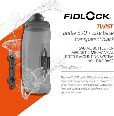 Велосипедна пляшка Fidlock Twist 590 мл, прозора з чорною кришкою, з магнітним кріпленням