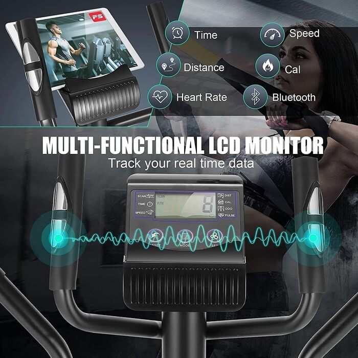 Еліптичний крос-тренажер для дому з Bluetooth, 8 рівнів магнітного опору, 12 кг маховик, керування через додаток, до 170 кг