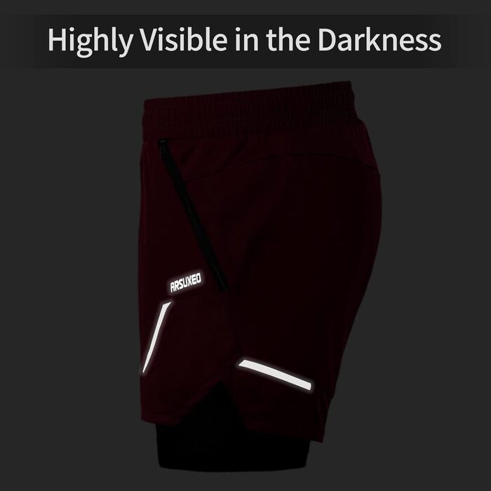 Шорти для бігу чоловічі ARSUXEO 2-в-1 з підкладкою з сітки та кишенями на блискавці, червоні