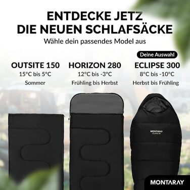 Спальний мішок MONTARAY® Mumiya [8°C - -5°C] з подушкою для 3-4 сезонів [300GSM] - Outdoor зимовий та літній спальний мішок (80x220cm) - Дека- та ковдровий спальний мішок для жінок та чоловіків (теплий), Чорний