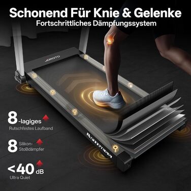 Біговий тренажер JOROTO для дому, складаний, 2.5PS, нахил 1-10%, LED дисплей, 15 програм, 1-16 км/год, велика площа бігової доріжки 130×48 см, Bluetooth, Kinomap, вантажопідйомність 150 кг, чорний