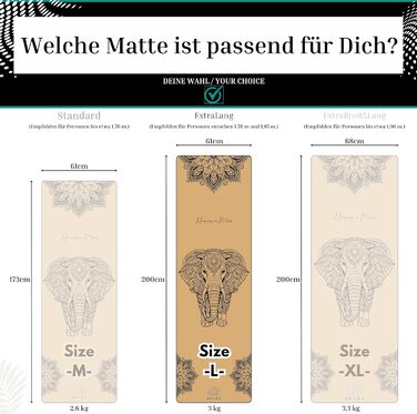 Кікура Йога-мат з корку та натурального каучуку з мотивом слона – Нековзна преміум-мат, 4 мм товщина, з ремінком для перенесення – Екологічна, у 3 розмірах (M, L, XL) (L - Мат - 200x61x0,4 см)