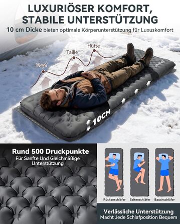 Килимок для кемпінгу HIKENTURE R-Wert 7.3 з ножною помпою, 10 см товщини, 210x64 см, 4 пори року, для туризму та наметів