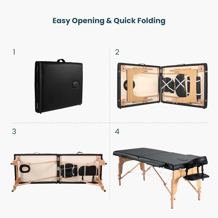 Складаний мобільний масажний стіл BODIOO з дерев'яними ніжками, 2 зони, регульована висота, до 250 кг, чорний