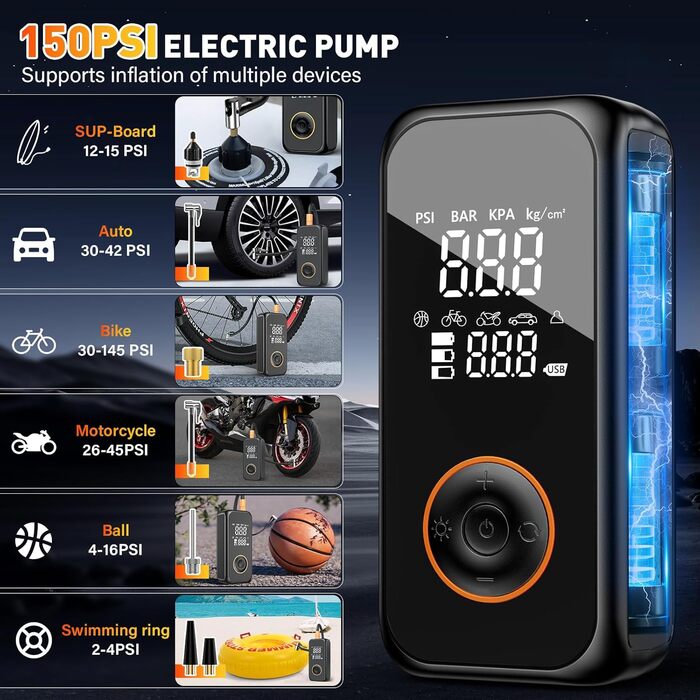 Електричний насос Onherm 6000mAh для велосипеда, авто, мотоцикла, м'ячів, SUP, 150PSI, міні-компресор з дисплеєм, портативний акумуляторний
