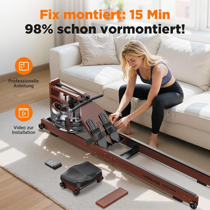 Гребний тренажер YOSUDA 2025 Neu Wasser - складаний, з Bluetooth, дисплеєм та регульованим тримачем для телефону. Максимальна висота користувача 190 см, вага 182 кг. Ідеально для домашніх тренувань.