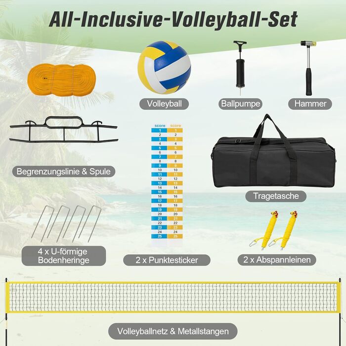Волейбольна сітка COSTWAY Outdoor, 9,5 x 1 м, регульована висота, з підставкою, насос, молоток та сумка, для саду, пляжу, двору (жовта)