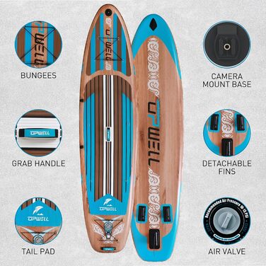 Надувний SUP-борд UPWELL Premium Stand Up Paddling Board з комплектом: сидіння, кріплення для камери, весло, 204 кг, для 2 осіб, 350x84x15 см