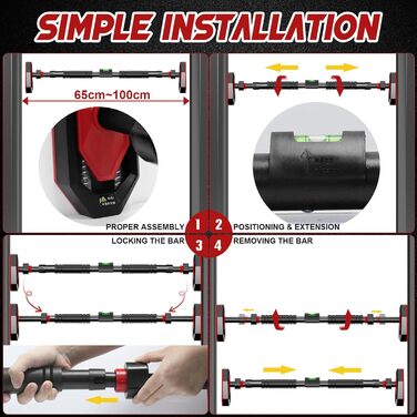 Турнік для дверного прорізу Klimmzugstange – Регульований 65–100 см без свердління – З вбудованим рівнем, зубчастим фіксатором та пружинними стабілізаторами – Спортивна стійка для дому