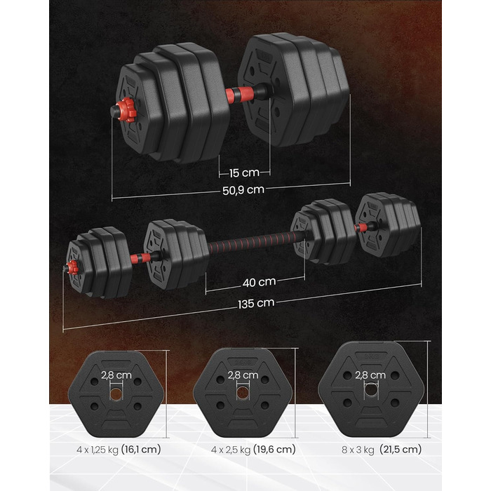 Набір гантелей SONGMICS з підключною штангою, шестигранна форма, 10-40 кг, для фітнесу та силових тренувань вдома або в спортзалі