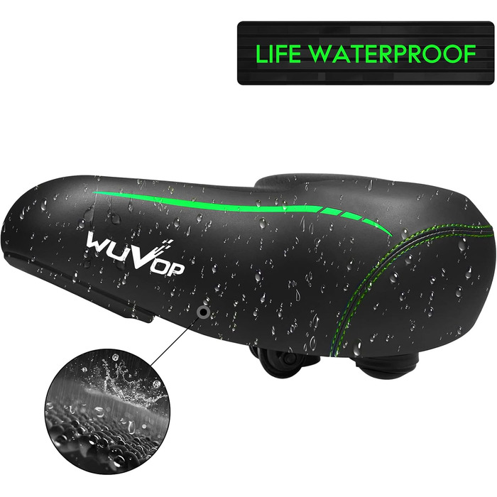 Широке велосипедне сідло Oversized для жінок та чоловіків. Комфортне, водонепроникне сідло з світловідбивальною смугою. Підходить для Peloton, фітнес-велосипедів, круїзерів та міських велосипедів. Чорний / білий (чорний / зелений)