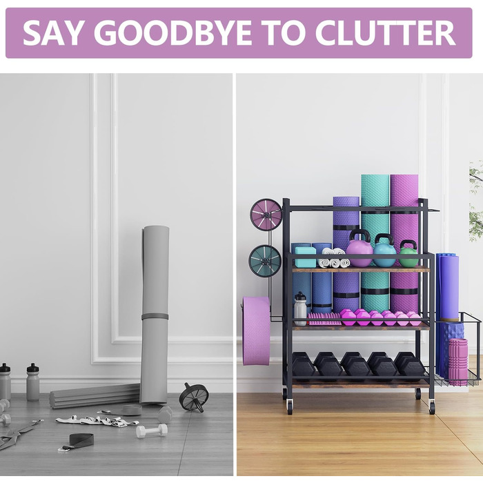 Стійка для зберігання обладнання для дому EasyCom: гантелі, гирі, ролик для пресу, килимок, стрічка, еластичні стрічки. З гачками та колесами, чорний колір