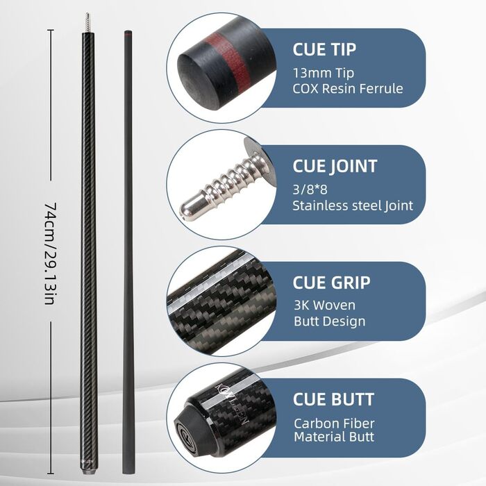 Білльярдний кий Konllen Heavy Hitter Break-Queue з карбону, 12.9 мм наконечник, для розбивання (Break-Queue), 3-х частинний, з можливістю перемикання на Jump-Queue