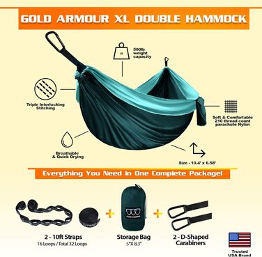 Гамак для кемпінгу Gold Armour - великий двомісний гамак з підвісками (2 ремені, 32 петлі, 29 кольорів/візерунків), легкий нейлоновий гамак для дорослих та дітей (зелений, бірюзовий та морська піна)