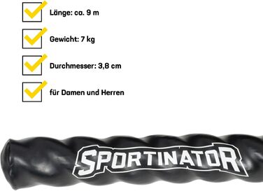 Батл-роуп SPORTINATOR® 9 м, 7 кг – тренувальний канат для фітнесу, з пластиковими ручками, для координації та витривалості, для жінок і чоловіків