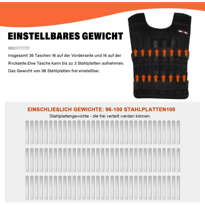 Регульована жилетка з вагою 20 кг (з 96-100 сталевими стержнями), з манжетами для зап'ясть та щиколоток, тренувальна жилетка для силових тренувань та кросфіту