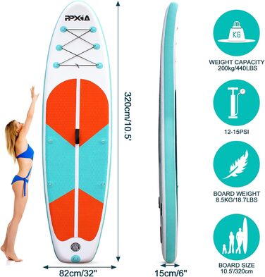 Надувний SUP Board для дітей та дорослих (320/335x84x15 см) з аксесуарами, до 200 кг, м'ятний колір