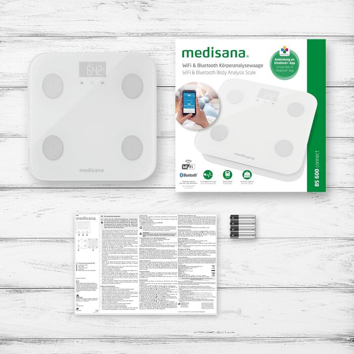 Ваги-аналізатор медичні Medisana BS 600 до 180 кг з Wi-Fi/Bluetooth, вимірювання жиру, води, м’язів, кісткової маси, додаток VitaDock+, електроди з нержавіючої сталі