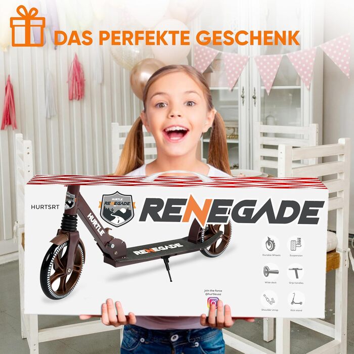 Міський ролер Hurtle Roller Kinder 10 років – складаний та регульований за висотою (84–98 см), самокат для дітей та дорослих з підставкою, з ремінком, до 100 кг (Royalbaum)