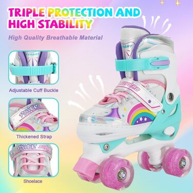 Дитячі ролики Kinder Quad Skates для дівчаток та хлопчиків, регульовані, райдужні з підсвічуванням, для дому та вулиці