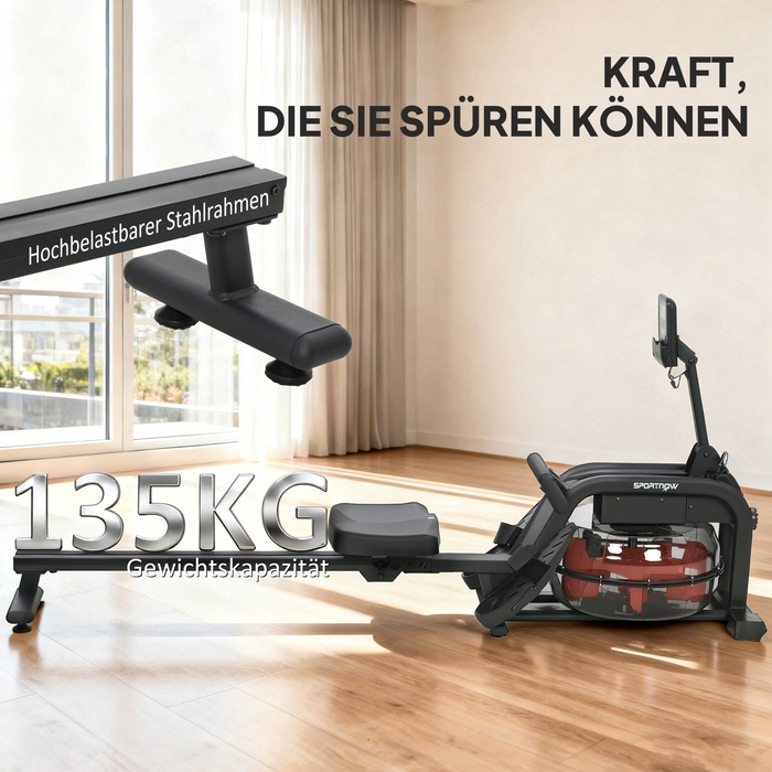 Гребний тренажер для дому з резервуаром для води об'ємом 6-11 л, LCD-дисплеєм, тримачем для телефону, максимальною вагою користувача 135 кг, сталевий каркас, чорний колір