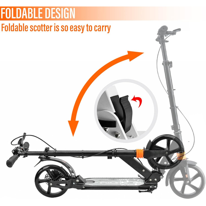 Самокат Kickscooter для дорослих і дітей, з амортизацією, 200 мм колеса, складаний, регульована висота, міський, з ручним і ножним гальмом
