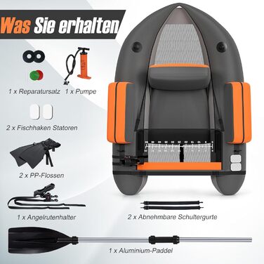 Надувне рибальське човен GYMAX: компактне belly boat з насосом, веслами та регульованими ременями. Витримує до 150 кг (сірий)