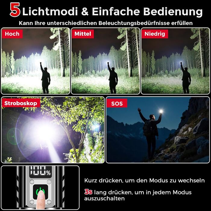 Тактичний ліхтарик Shadowhawk 500000 Lumen: 1000м дальність, 24г роботи, LCD-дисплей, для кемпінгу, туризму, надзвичайно яскравий