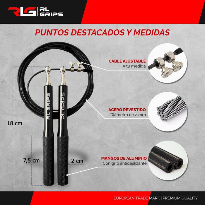 Скакалка для кросфіту RL Grips® з алюмінієвого сплаву з неслизькою ручкою - Скакалка з тросом 2 мм - Скакалка для кардіо, фітнесу, тренажерного залу, чорна (скакалка + запасні частини)