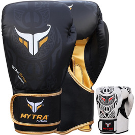 Боксерські рукавички Mytra Fusion 10-18oz для тренувань та спарингів MMA, Муей Тай, кікбоксинг, чорні/золоті, для чоловіків і жінок