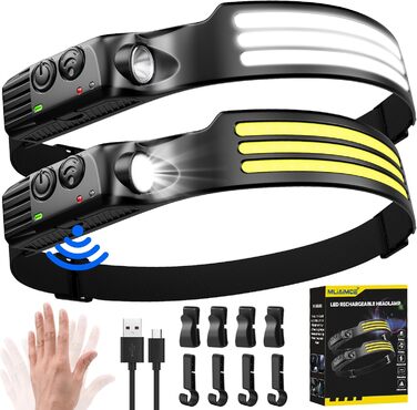 LED налобний ліхтар акумуляторний, 3000 люменів, 230° широкий кут, 3 LED, біле світло, датчик світла, водонепроникний IPX5, 0.14 кг, для кемпінгу, бігу, походів, риболовлі