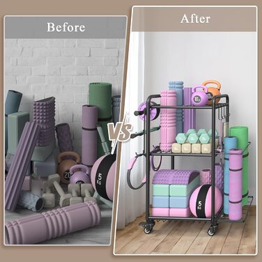 Стійка для зберігання йогаматів, гантелей, м'ячів для фітнесу, ролів, органайзер для спортивного інвентарю з гачками та колесами